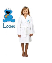 Blue Bear Cartoon Design & Custom Name Embroidery on Kids Hooded Bathrobe